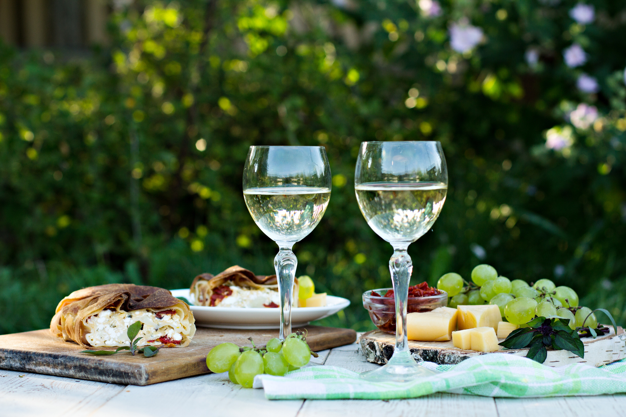 White wine and light snacks, Grapes, wine, cheese, pie.